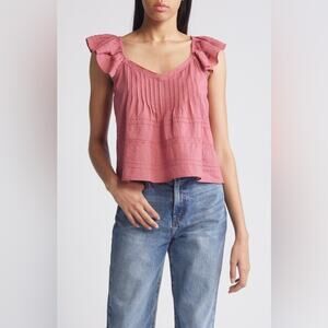 Treasure & Bond Pintuck Strappy Open Back Cotton Top S Coral Flutter Sleeve Boho